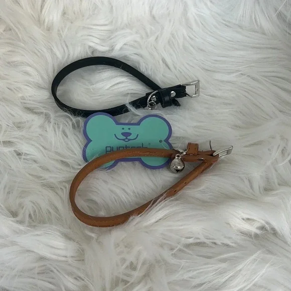 NWT PUPTECK 2 PCS Soft Leather Cat Kitten Collar- Black and Brown with Bells - Picture 4 of 6